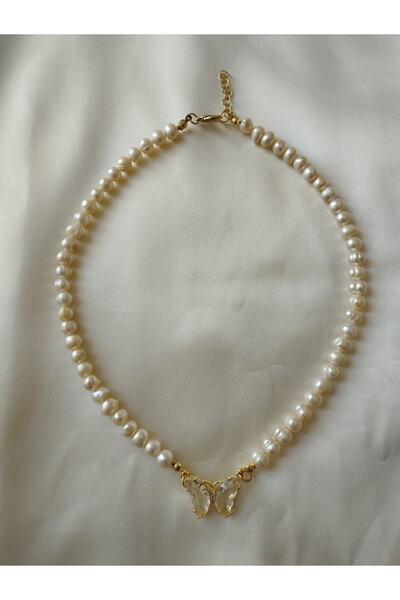 Galibarda Gerçek Doğal Barok Incili Cam Kelebekli Kolye