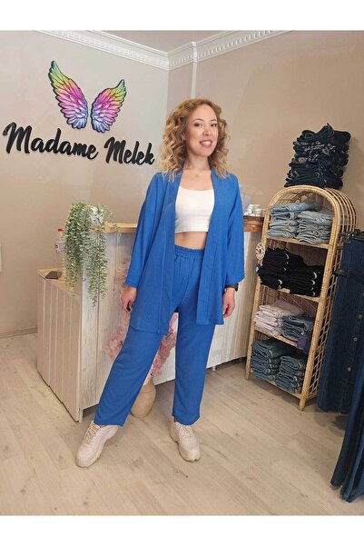 Blue Women's Kimono Bristle Fabric Bottom-top Set