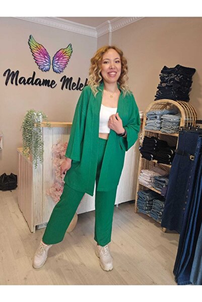 Green Color Women's Kimono Bristle Fabric Bottom-Top Set