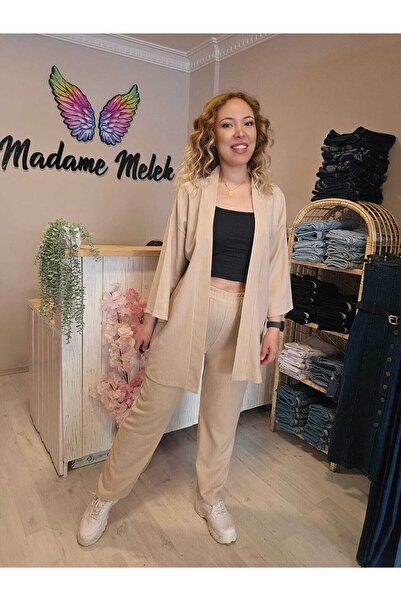 Stone Color Women's Kimono Bristle Fabric Bottom-top Set