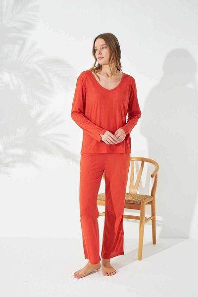 Siyah İnci Orange Soft Touch Thin Knitted Pajama Set