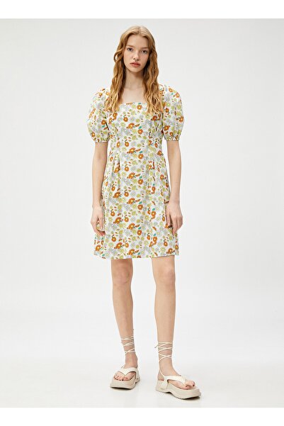 Koton Rochie de damă scurtă multicoloră cu guler pătrat imprimat 3sal80107ıw