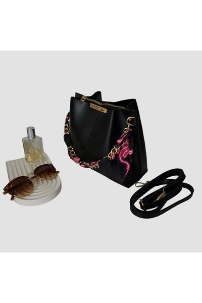 yourmorebutik Eșarfă neagră pentru femei Crocos Geantă din piele artificială moale cu accesorii cu lanț