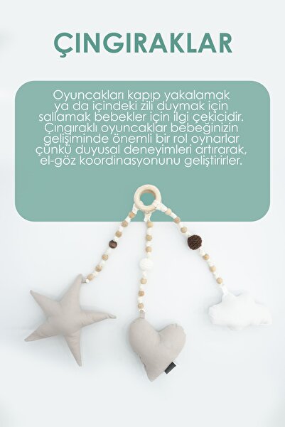 mordesign Ahşap Bebek Egzersiz Aleti, (OYUNCAKLAR DAHİL), 3'lü Çıngırak Oyuncak, Naturel Seri,kahverengi
