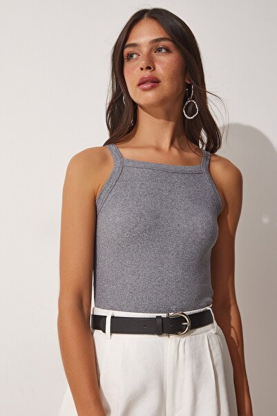 Happiness İstanbul Dámské pletené tílko s šedým žebrovaným ohlávkovým límcem ZV00106