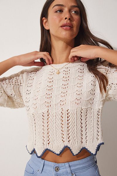 Happiness İstanbul Blaue, cremefarbene, durchbrochene, gestreifte Strickbluse für Damen MW00115