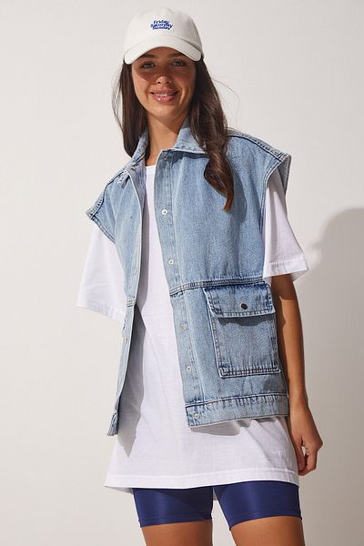 Happiness İstanbul Vestă de blugi supradimensionată pentru femei, albastră, cu buzunar mare RV00111