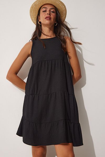 Happiness İstanbul Rochie neagră tricotată evazată de vară pentru femei DZ00083