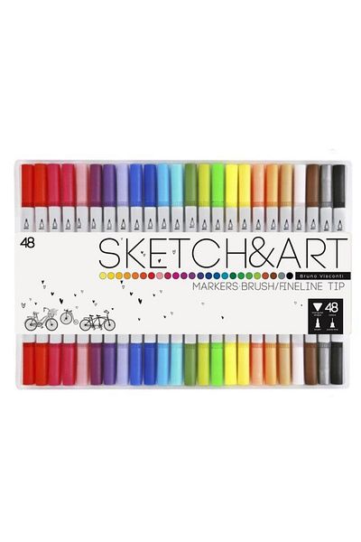 Bruno Visconti Sketch & Art Double Sided Brush Pen and Fineliner (Brush Tip + Fine Tip) 48 Colors
