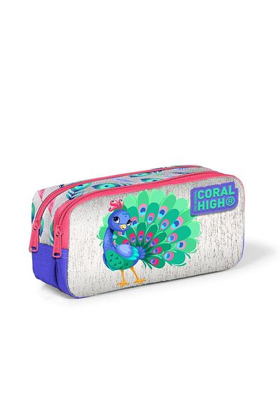 Coral High Παιδική τσάντα μολυβιού δύο θέσεων με ασημί λεβάντα Peacock 12060