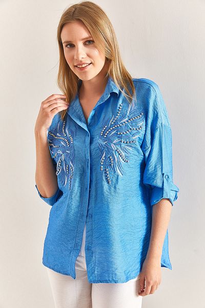 Bianco Lucci Women's Stone Embroidered Patterned Linen Ayrobin Shirt