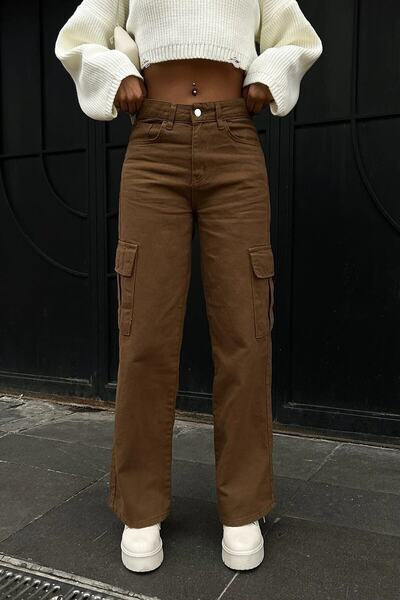 Livik Fiona Back Pocketless Brown Cargo Loose Lycra Super ψηλόμεσο τζιν παντελόνι