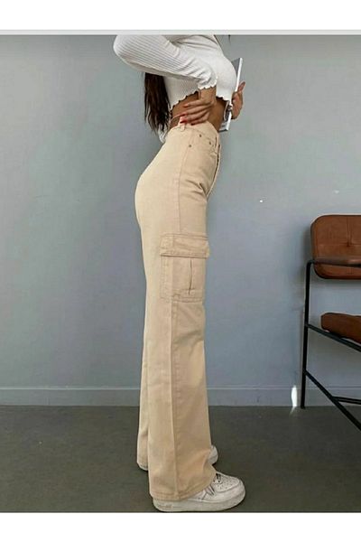 Livik Ellinor Back Pocketless Beige Cream Cargo Loose Lycra Super ψηλόμεσο τζιν παντελόνι