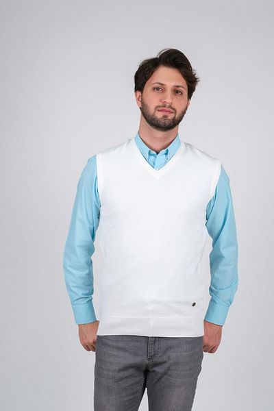 Çizgi Triko Men's Knitwear Sweater V-Neck White Color with Elastic Waist Winter Woven Regular Fit