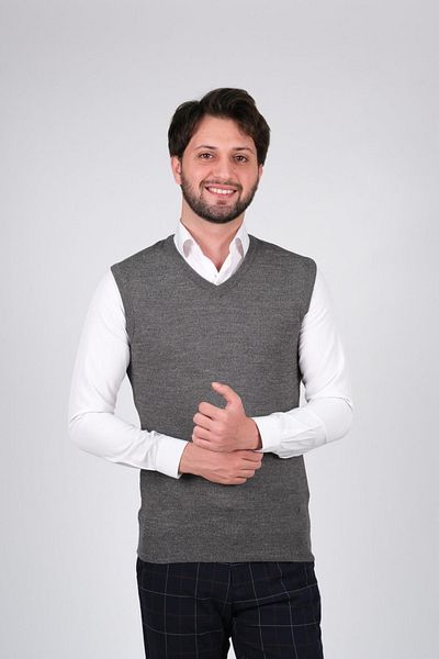 Çizgi Triko Men's Knitwear Sweater V-Neck Gray Color with Elastic Waist Winter Woven Regular Fit