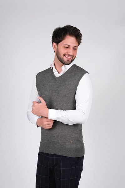 Çizgi Triko Men's Knitwear Sweater V-Neck Gray Color with Elastic Waist Winter Woven Regular Fit