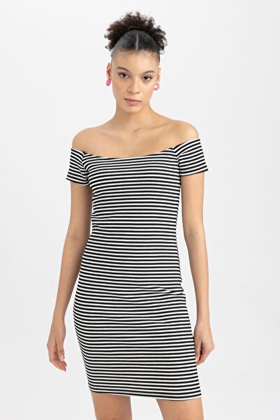 DeFacto Bodycon Boat Neck Ribbed Camisole Mini Short Sleeve Dress A7363ax23sm