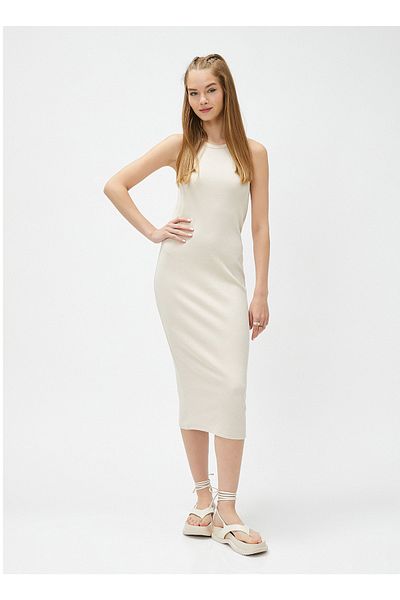 Koton Crew Neck Straight Beige Long Women's Dress 3sal80186ık