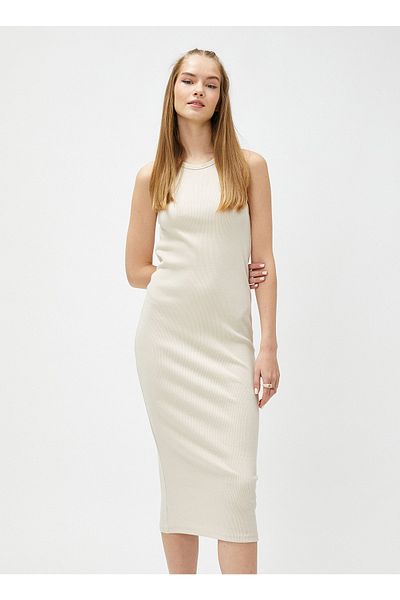 Koton Crew Neck Straight Beige Long Women's Dress 3sal80186ık