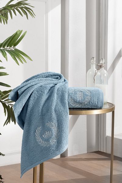 Tanem Home 100% Cotton Embroidered Set of 2 50x90cm / 70x140cm Towels | Dowry Set | Aqua