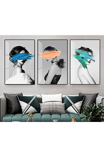 Linacci Triple Black Aluminum Metal Framed Women Modern Blue Glass Poster Painting Set