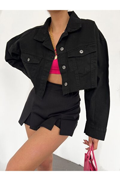 LB Laluna Butik Women's Crop Cut Denim Jacket Oversize Fit