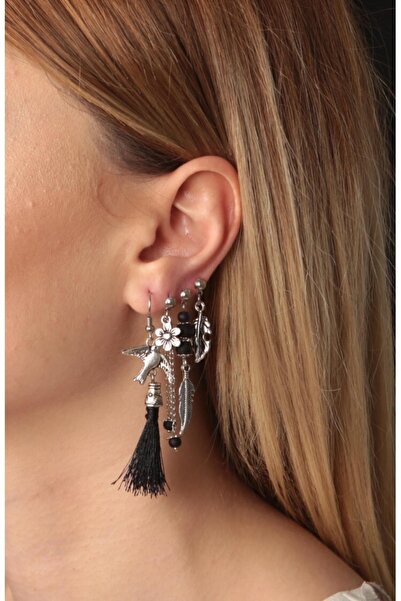 AKIN AKSESUAR HEDİYELİK مجموعة أقراط أصلية مكونة من 4 قطع فضية اللون - مزينة بشراشيب وأشكال طيور