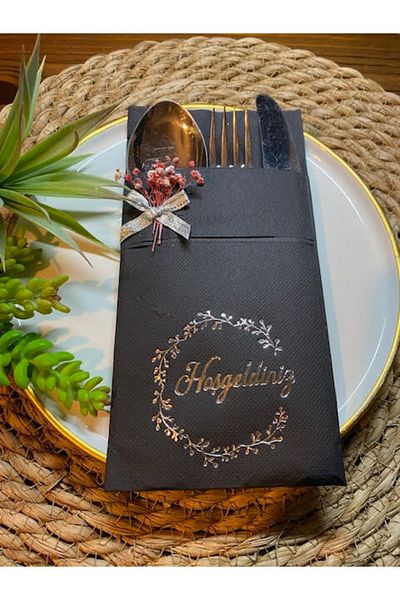 kidspartim 6 Pieces Black Floral Silver Gilded Welcome Napkin