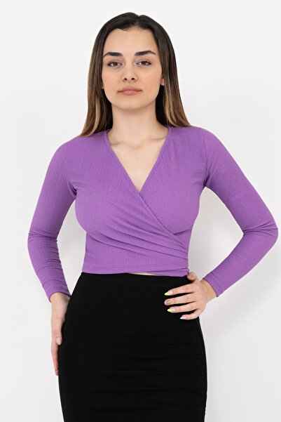 Soyo Women's Purple Double Breasted Long Sleeve Tied Crop Top Blouse