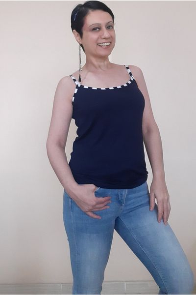 Mertcan Butik Navy Blue Combed Cotton Viscose Rope Strap T-Shirt with Piping Detail