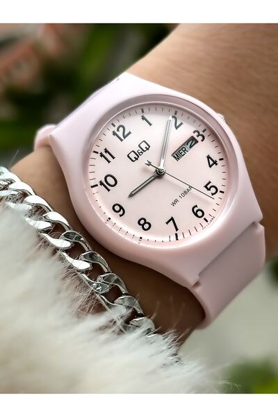 Q&Q Brand Women's Wristwatch with Calendar and Numbers on a Pink Strap Suitable for Pool and Sea Use + bracelet