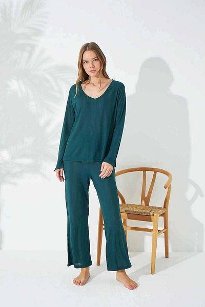 Siyah İnci Green Soft Touch Thin Knitted Pajama Set