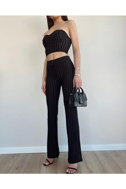 laughs Kadın Çizgili Likralı Crop Büstiyer Bol Paça Yüksek Bel Pantolon 2’li Takım Tk3211