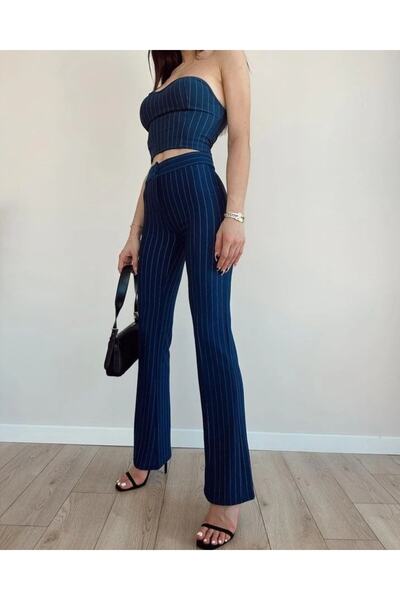 laughs Γυναικείο ριγέ Lycra Crop Bustier Φαρδύ ψηλόμεσο παντελόνι 2 τεμαχίων Tk3211