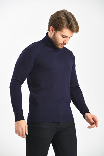 Çizgi Triko Regular Чоловічий трикотажний чорний светр з повним коміром, рукавами та поясом на резинці, зимовий