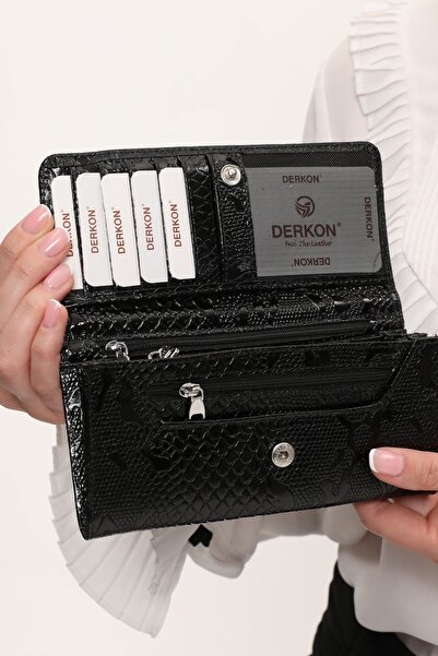 DERKON Crocodile Patterned Useful Genuine Leather Women's Wallet Black