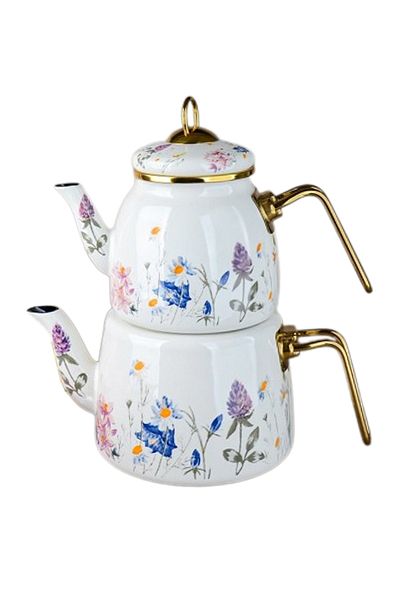 PORLİSMA White Spring Patterned Enamel Teapot Set, Enamel Teapot Set with White Gold Handle