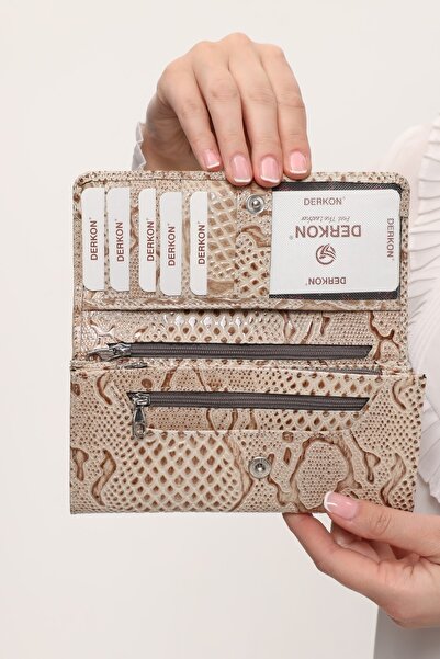 DERKON Crocodile Patterned Useful Genuine Leather Women's Wallet Cream