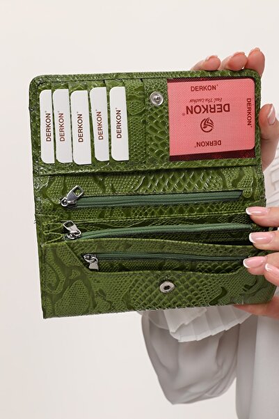 DERKON Crocodile Patterned Useful Genuine Leather Women's Wallet Green