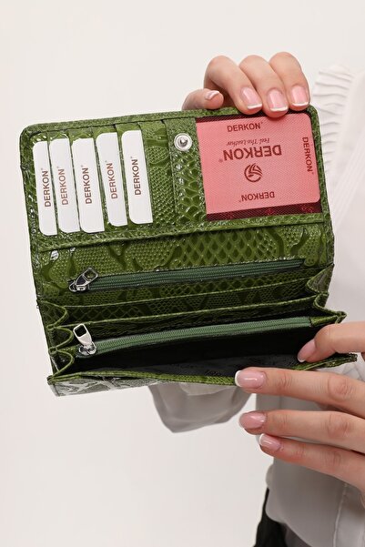 DERKON Χρήσιμο γυναικείο πορτοφόλι από γνήσιο δέρμα με σχέδιο κροκόδειλου πράσινο
