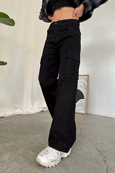 DRC trend Catherine Black Cargo Loose Back Pocketless Lycra Παντελόνι Jean Su...