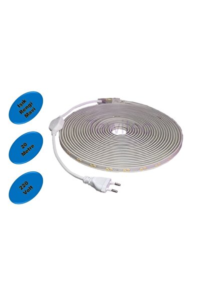 tawitec Hortum Şerit Led 220 Volt Su Geçirmez Fiş Dahil Metrede 68 Led 5730 Mavi 20 Metre