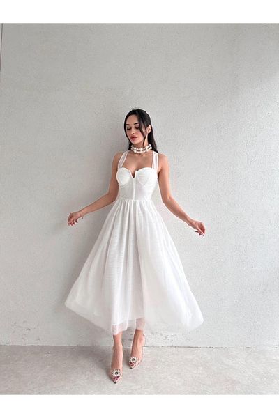 munora butik Tulle Detailed Crossed Low-cut Midi White Dress