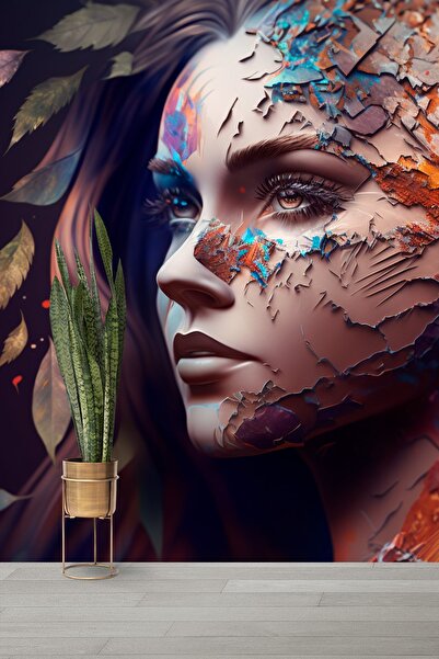 Dekoros Tek Parça 3d Kuaför Kafe Kehribar Gözlü Yaprak Çevrili Güzel Kadın Po...