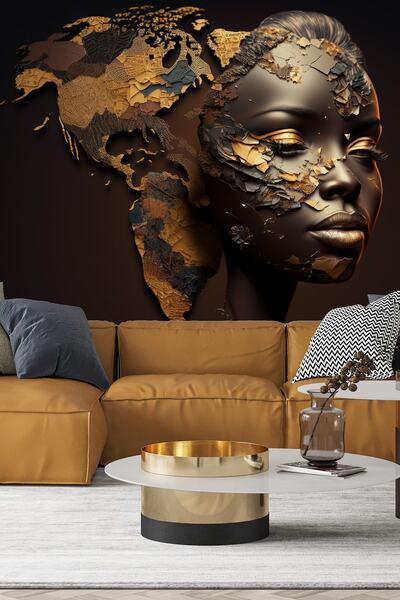 Dekoros Tek Parça 3d Kuaför Kafe Salon Amerika Kıtası Altın Tonlarında Güzel ...