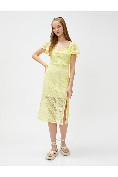 Koton Midi Dress Lace Sweetheart Neckline Slit Short Sleeve