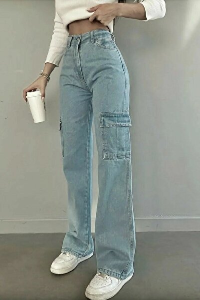 DRC trend Holly Baby Blue Cargo Loose Back Pocketless Lycra Super High Waist Jean Trousers