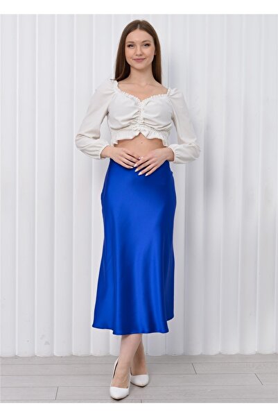 Nuseel Ženska satenska suknja sa elastičnim strukom Midi visina Kobalt plava