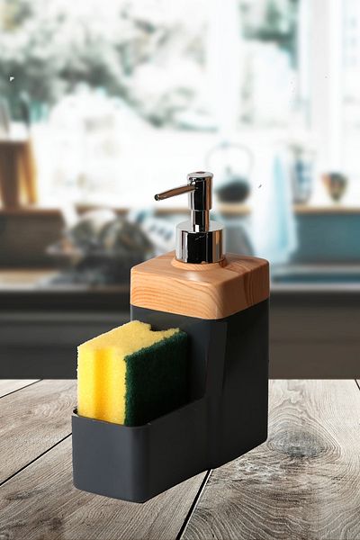 bersachef Kitchen Liquid Soap Dispenser Bamboo Look Liquid Soap Dispenser with Sponge Holder Gray