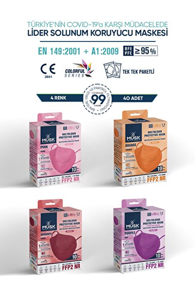 Musk Ffp2 Maske 40 Adet mor bordo turuncu pembe